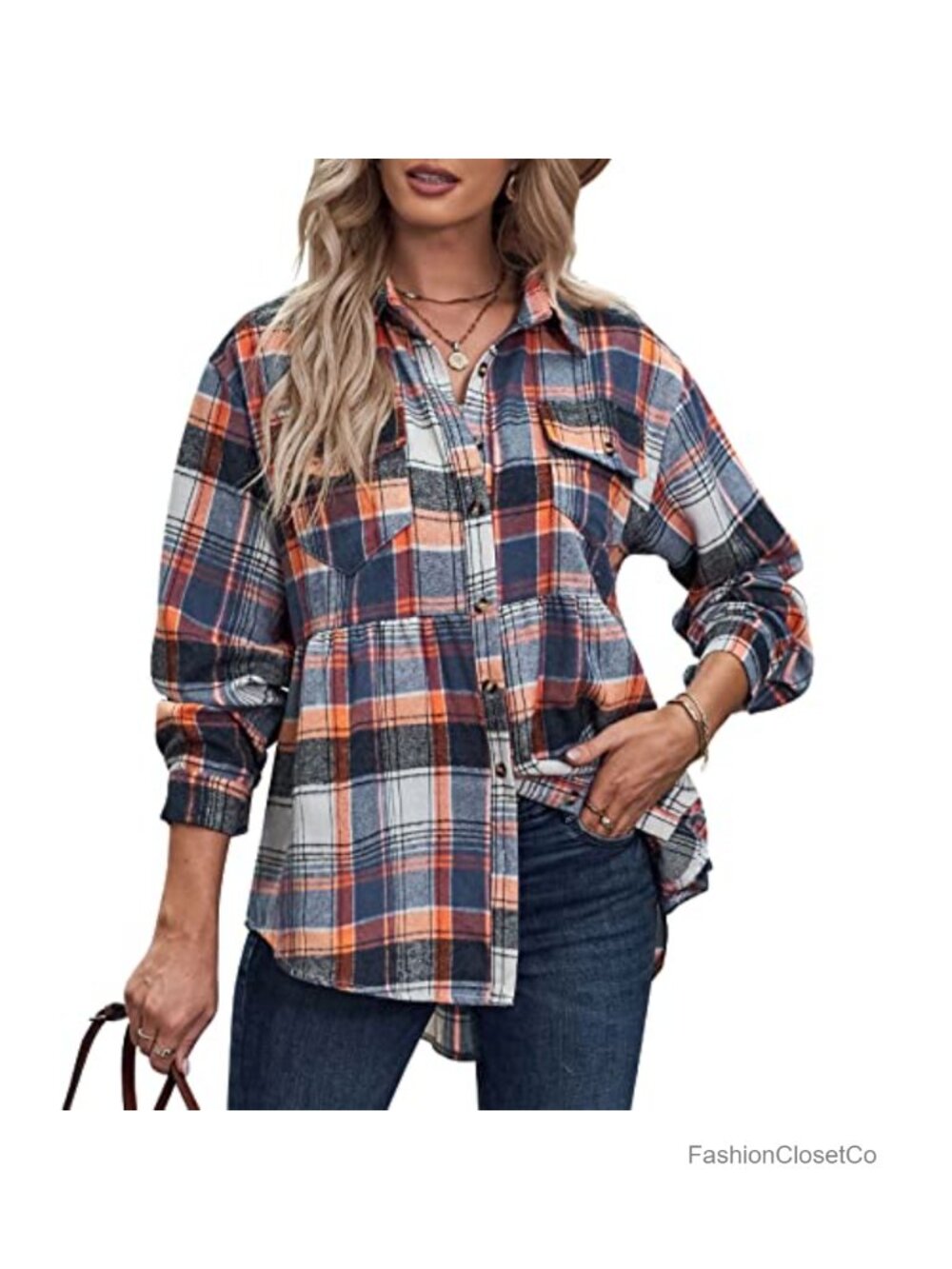 Womens Oversized Flannel Plaid Button Down Shirt Ruffled Peplum Casual Blouse